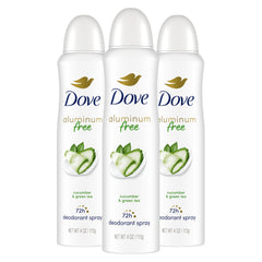 Dove aluminum-free deodorant spray bottle with cucumber and green tea for long-lasting freshness.