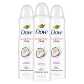 Dove aluminum-free deodorant spray bottle front with coconut and pink jasmine scent.