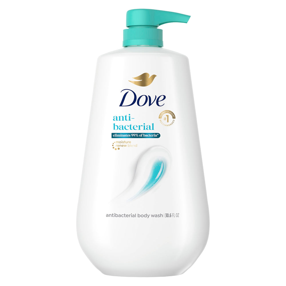 Dove antibacteriano, jabón con bomba, limpieza suave y protección diaria.