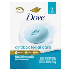 Dove Beauty Bar Antibacterial Care package and 2-count set for convenient use.