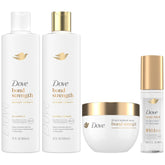 Dove Bond Strength shampoo bottle on a counter for healthy-looking hair.