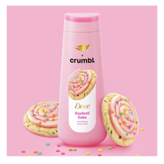 Dove Crumbl Confetti Cake bottle pump closeup emphasizing moisturizing formula.