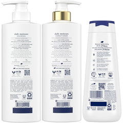 Dove Daily Moisture Conditioner bottle beside hair, detangling for smoother strands.