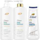 Dove Daily Moisture Shampoo bottle on display, softening dry hair with gentle cleansing.