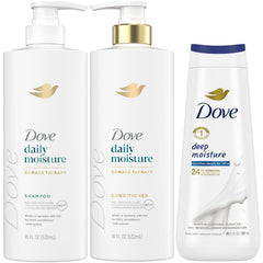 Dove Daily Moisture Shampoo bottle on display, softening dry hair with gentle cleansing.