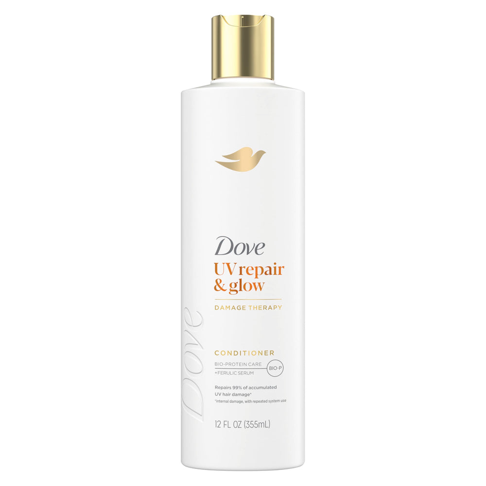 Dove Damage Therapy Acondicionador, botella visible, ideal para proteger del sol y brillo intenso.