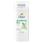 Dove aluminum-free deodorant stick with cucumber-green-tea scent for lasting freshness.