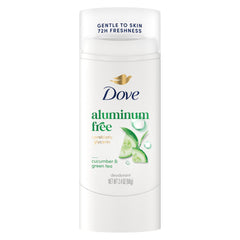 Dove aluminum-free deodorant stick with cucumber-green-tea scent for lasting freshness.