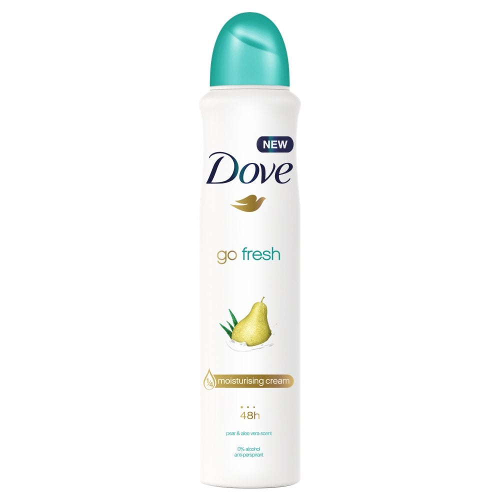 Dove desodorante en aerosol con fragancia de pera y aloe vera y protección duradera.