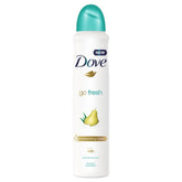 Dove desodorante en aerosol con fragancia de pera y aloe vera y protección duradera.
