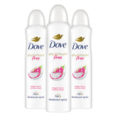 Dove dragon fruit coconut cream deodorant spray three-pack shown for lasting freshness.