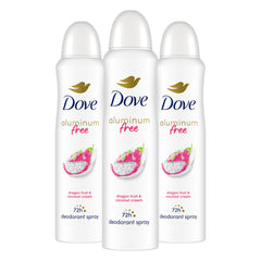 Dove dragon fruit coconut cream deodorant spray three-pack shown for lasting freshness.