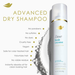 Dove Dry Shampoo con Coco: aroma suave que refresca cada mechón.