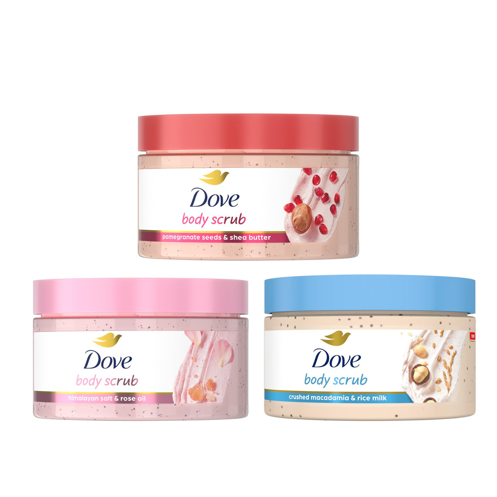 Dove Exfoliante corporal, frasco frontal del paquete de prueba, suaviza la piel.