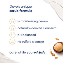 Dove Exfoliante corporal, tres frascos visibles, exfoliación suave.