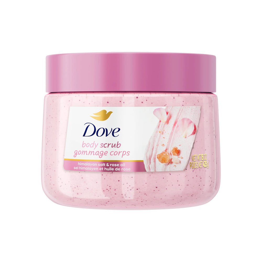 Dove Exfoliante corporal con sal del Himalaya y aceite de rosa en tarro, hidratación suave.