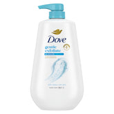 Dove: gel exfoliante suave con minerales marinos en botella, piel suave tras la ducha.