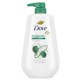 Dove gel de ducha energizante con aloe y eucalipto, vertido para empezar la ducha con frescura.