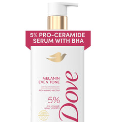 Dove gel exfoliante corporal tono melanin igual en botella, beneficio de tono uniforme.
