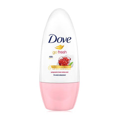 Dove Go Fresh roll-on bottle close-up highlights 50 ml size and travel-friendly design.