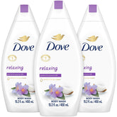 Dove lavado cuerpo relajante con jazmín y leche de coco, piel suave tras la ducha.