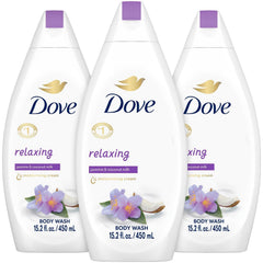 Dove lavado cuerpo relajante con jazmín y leche de coco, piel suave tras la ducha.