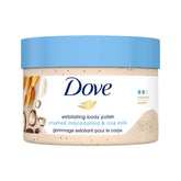 Dove Macadamia & Rice Milk polish jar close-up; creamy texture for smoother skin.