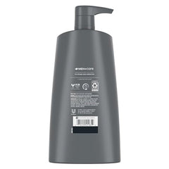 Close-up of Dove Men+Care 2-in-1 shampoo bottle with caffeine and menthol for a cooling sensation