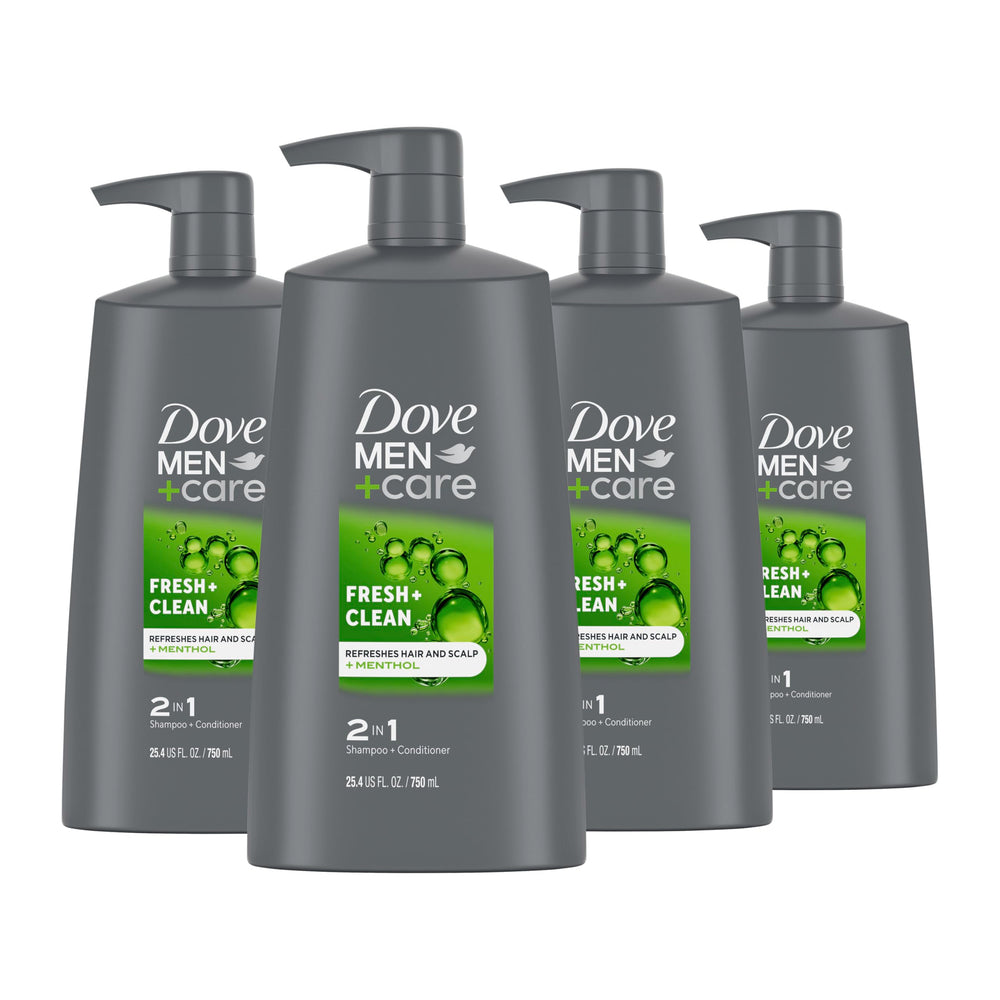 Dove Men+Care 2-in-1 shampoo bottle showing fresh-clean formula for daily use