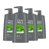Dove Men+Care 2-in-1 shampoo bottle showing fresh-clean formula for daily use