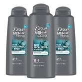Dove Men Care 2in1 bottle front shows all-in-one cleansing with eucalyptus birch scent.