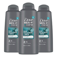 Dove Men Care 2in1 bottle front shows all-in-one cleansing with eucalyptus birch scent.