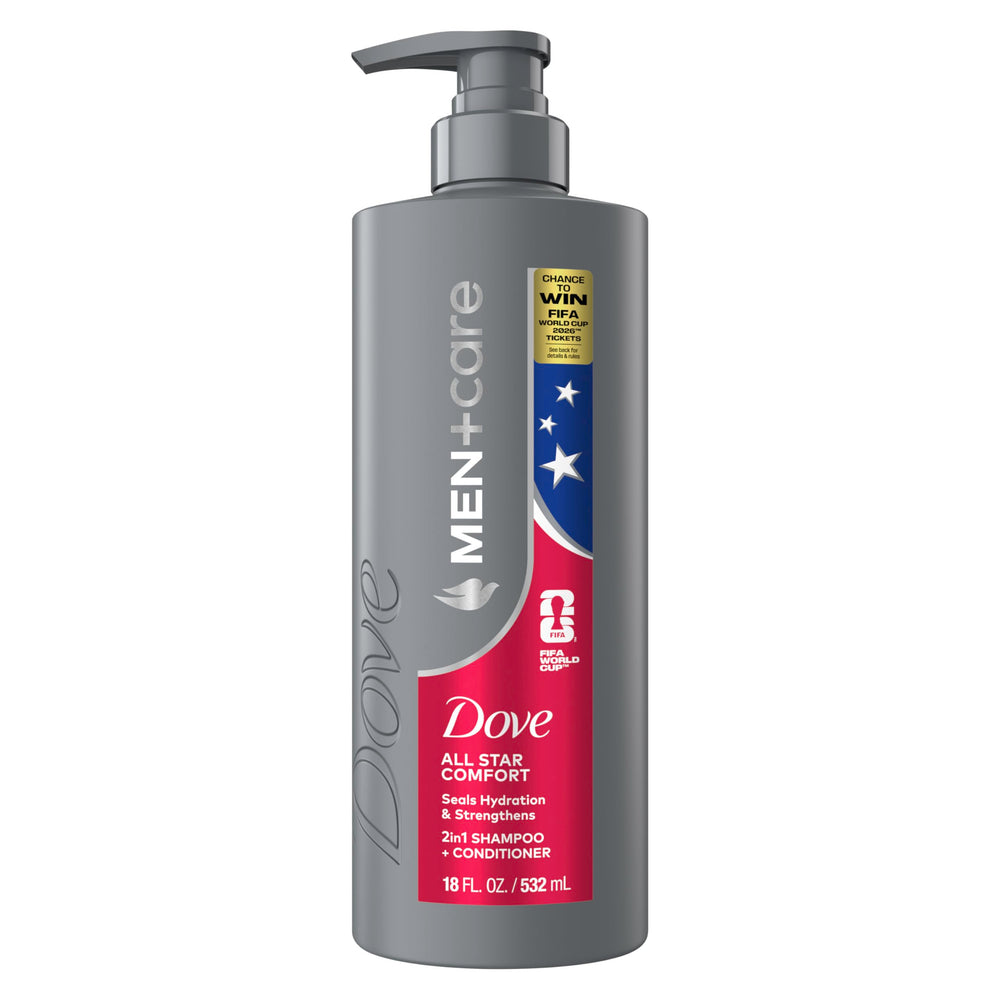 DOVE MEN + CARE All Star Comfort botella de 18 oz para hidratación y fortalecimiento del cabello.