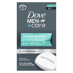 DOVE MEN + CARE barra para manos, cuerpo y rostro sensible ofrece hidratación suave.