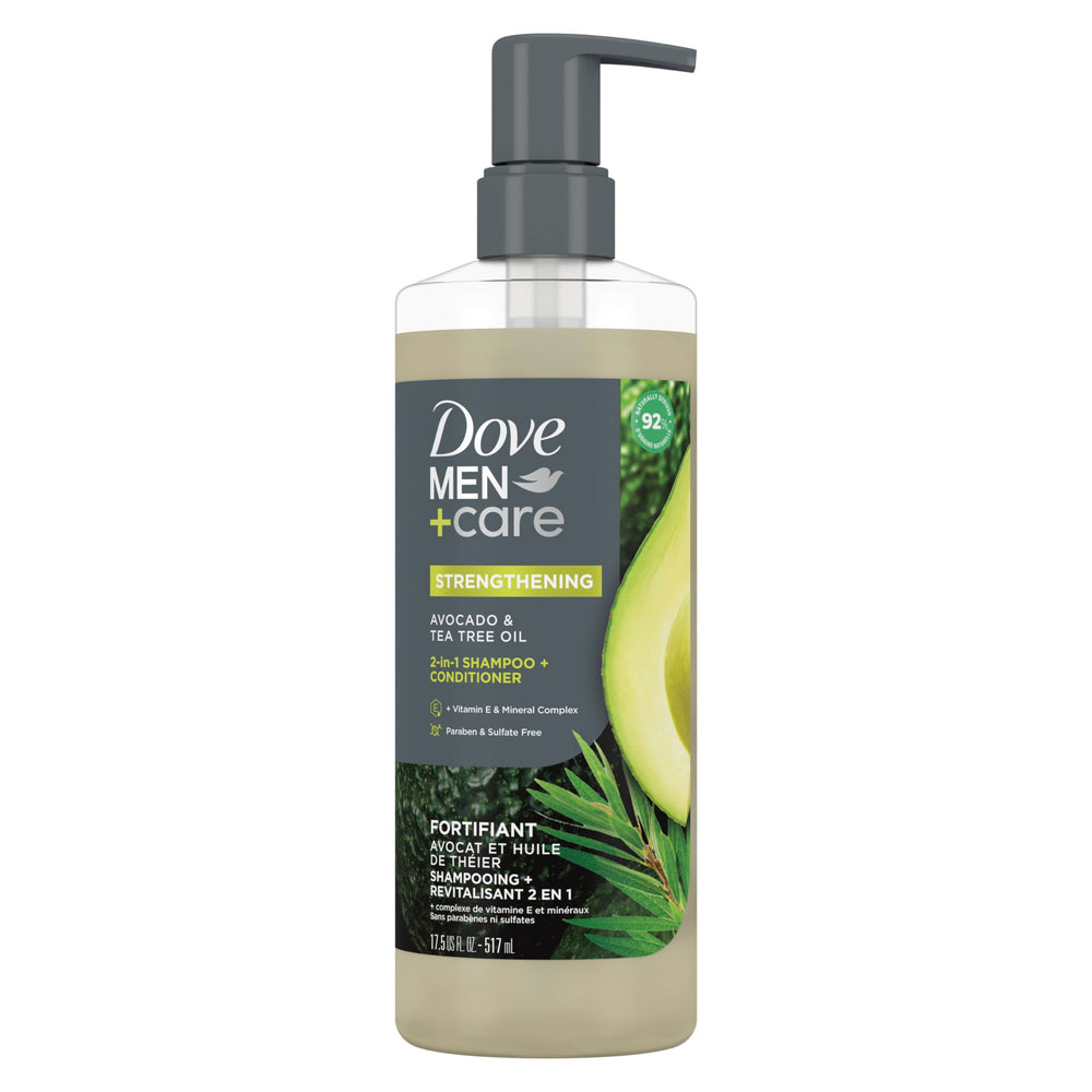 Dove Men+Care: botella 2 en 1 con aguacate y árbol de té para cabello más fuerte.