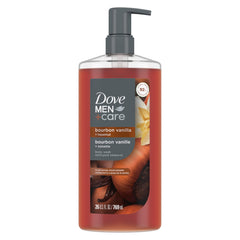 DOVE MEN + CARE Bourbon Vanilla Avellana, botella de 26 onzas, limpieza suave y piel hidratada.
