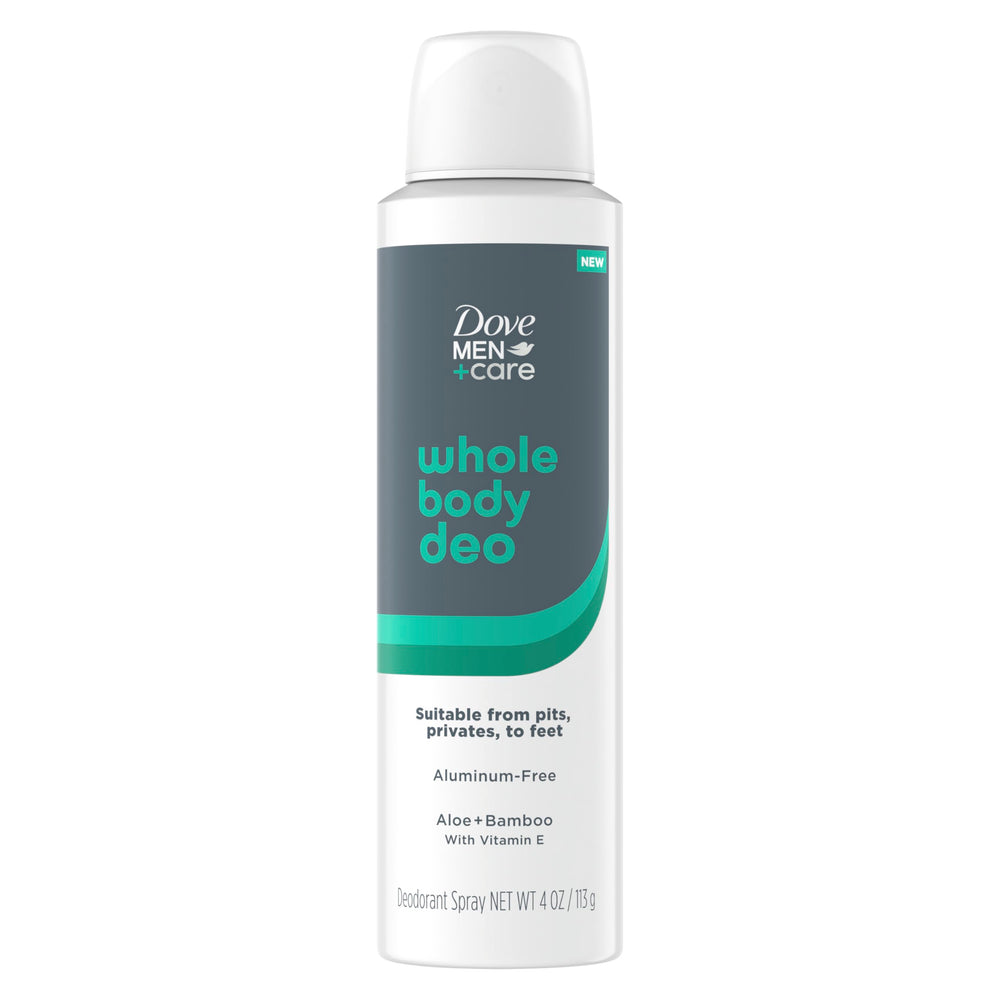 Dove Men+Care desodorante de cuerpo entero en spray con aloe y bambú para olor todo el día.