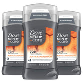 DOVE MEN+CARE desodorante sin aluminio en barra, aroma sándalo rústico, para uso diario.