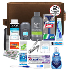 Dove Men Care en envase de viaje dentro de la bolsa Dopp marrón.