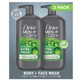 Dove Men+Care Extra Fresh body wash two-pack for daily cleansing.