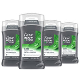 Dove Men+Care Extra Fresh deodorant stick packaging highlighting aluminum-free formula.