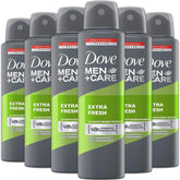 Dove Men+Care Extra Fresh 6-pack spray, ample supply for daily use.