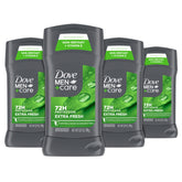 Dove Men+Care Extra Fresh stick packaging displaying a four-pack for all-day protection.