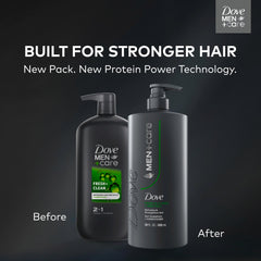 Dove Men+Care Fresh + Clean label closeup shows protein-powered fortification.