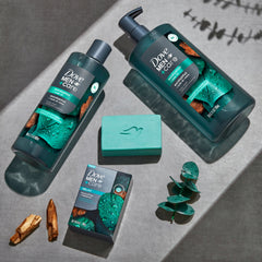 Hojas de eucalipto junto al gel de DOVE MEN + CARE