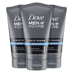 Dove Men+Care Hydrate Plus Face Wash bottle showing daily cleansing for dry skin