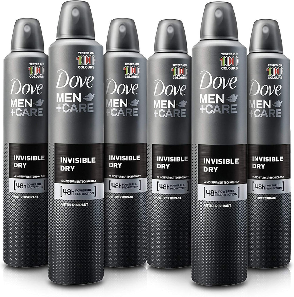 Dove Men+Care Invisible Dry six-pack antiperspirant spray for all-day protection.