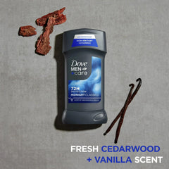 Dove Men+Care Midnight Classico pack-shot showing four sticks for daily protection
