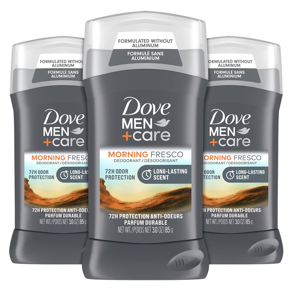 Dove Men+Care Morning Fresco deodorant stick 3-pack for everyday freshness and convenience.
