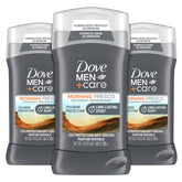 Dove Men+Care Morning Fresco deodorant stick 3-pack for everyday freshness and convenience.